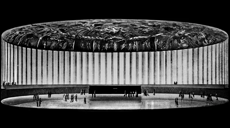 Perspective drawing of a fluted round hall with a sculpted frieze, standing in a sunken circular plaza