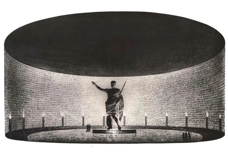 Black and white cutaway drawing of a round hall whose curved wall is covered in carved lettering, with a colossal statue at its centre