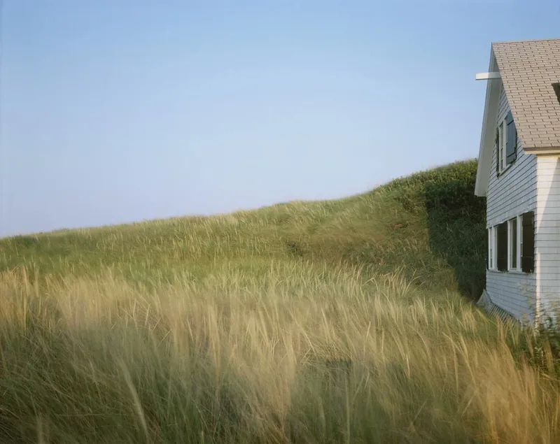 Dune grass on a sloping Truro dune below a pale blue sky, a white clapboard house cropped at the right edge, in soft afternoon light