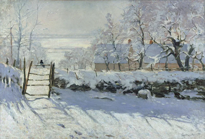 A solitary black magpie perched atop a snow-covered wooden gate in a bright winter landscape, long blue-violet shadows raking across fresh snow toward frost-dusted orchard trees and a farmhouse