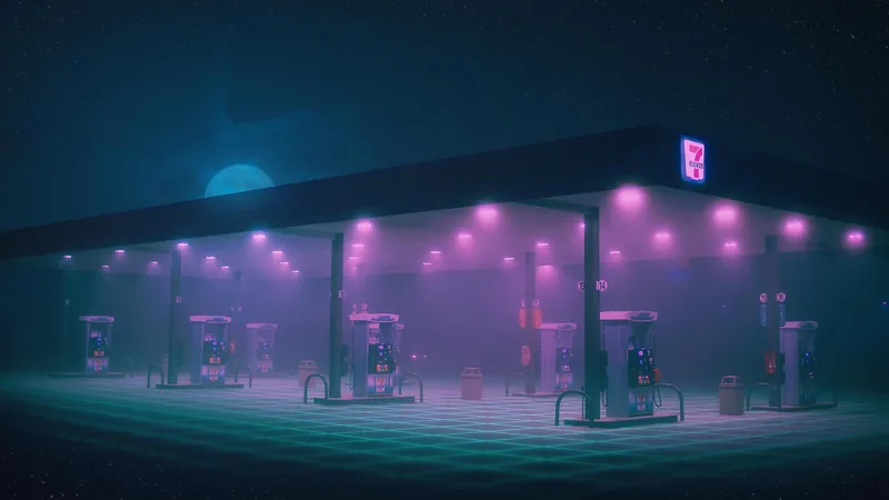 Synthwave neon gas station at night
