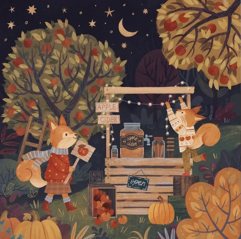 Two fox-like characters stringing fairy lights over a wooden apple cider stand in an autumn orchard at night, pumpkins and baskets of apples around them beneath a crescent moon and stars