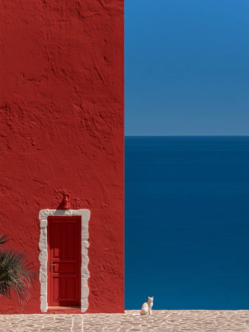 A small white cat by a red door on a terrace, red wall against a blue sea