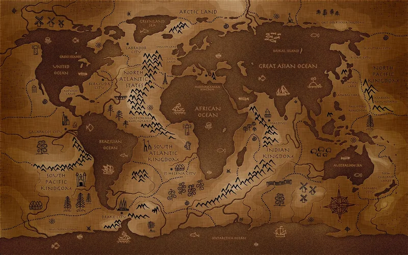 Fantasy map of the world with land and ocean swapped