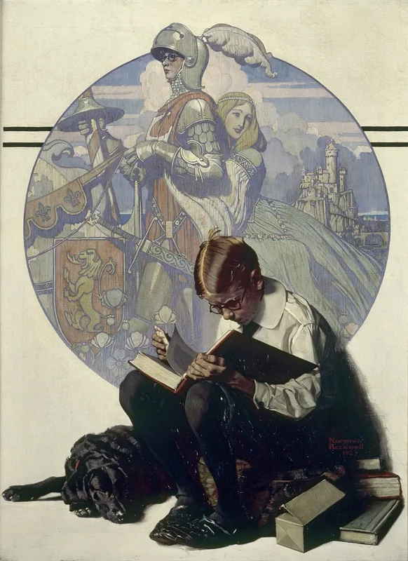 A boy in round spectacles reads a chivalric adventure book on the floor beside a sleeping dog, with a knight and maiden conjured in a circular scene behind him