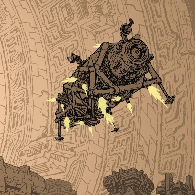 A lander built from an open truss fires maneuvering jets as it descends toward structures inside a vast curving habitat interior