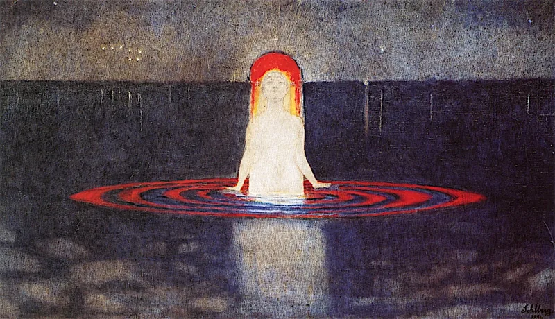 A pale woman rises waist-deep from still water under a red and gold halo, rings spreading across a dark sea at night
