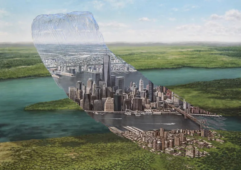 Manhattan cityscape in the shape of a brushstroke