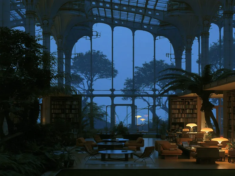 Grand glass solarium library glowing warmly at twilight