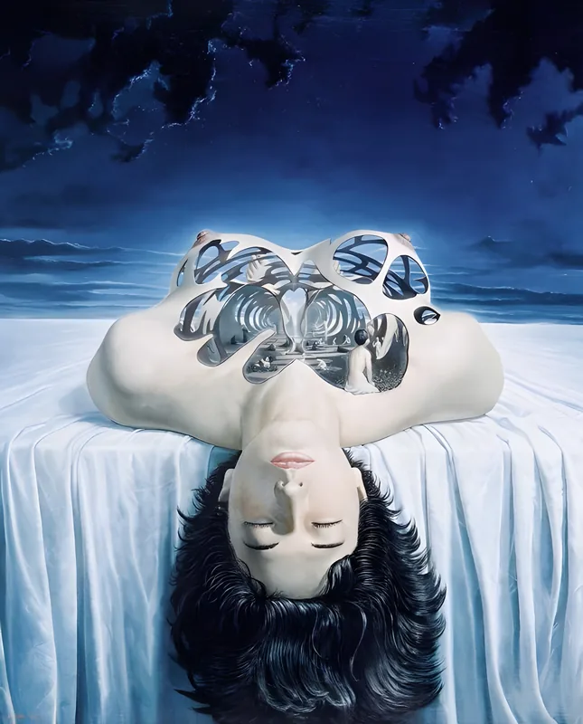 A woman lying with a cathedral lit inside her open chest