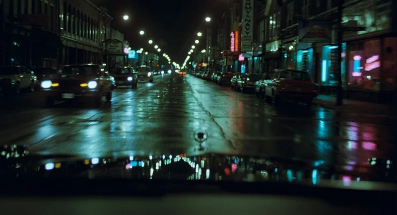 Point-of-view shot over a car hood driving a rain-soaked city avenue lit by teal, amber and pink neon.