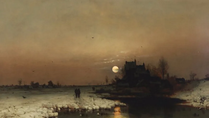 A full moon rises over a frozen river with snow-covered banks, bare trees and a distant castle