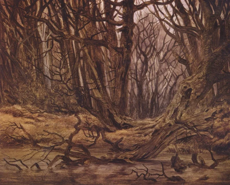 Woodland Pool by Caspar David Friedrich, bare trees and a fallen trunk above still water