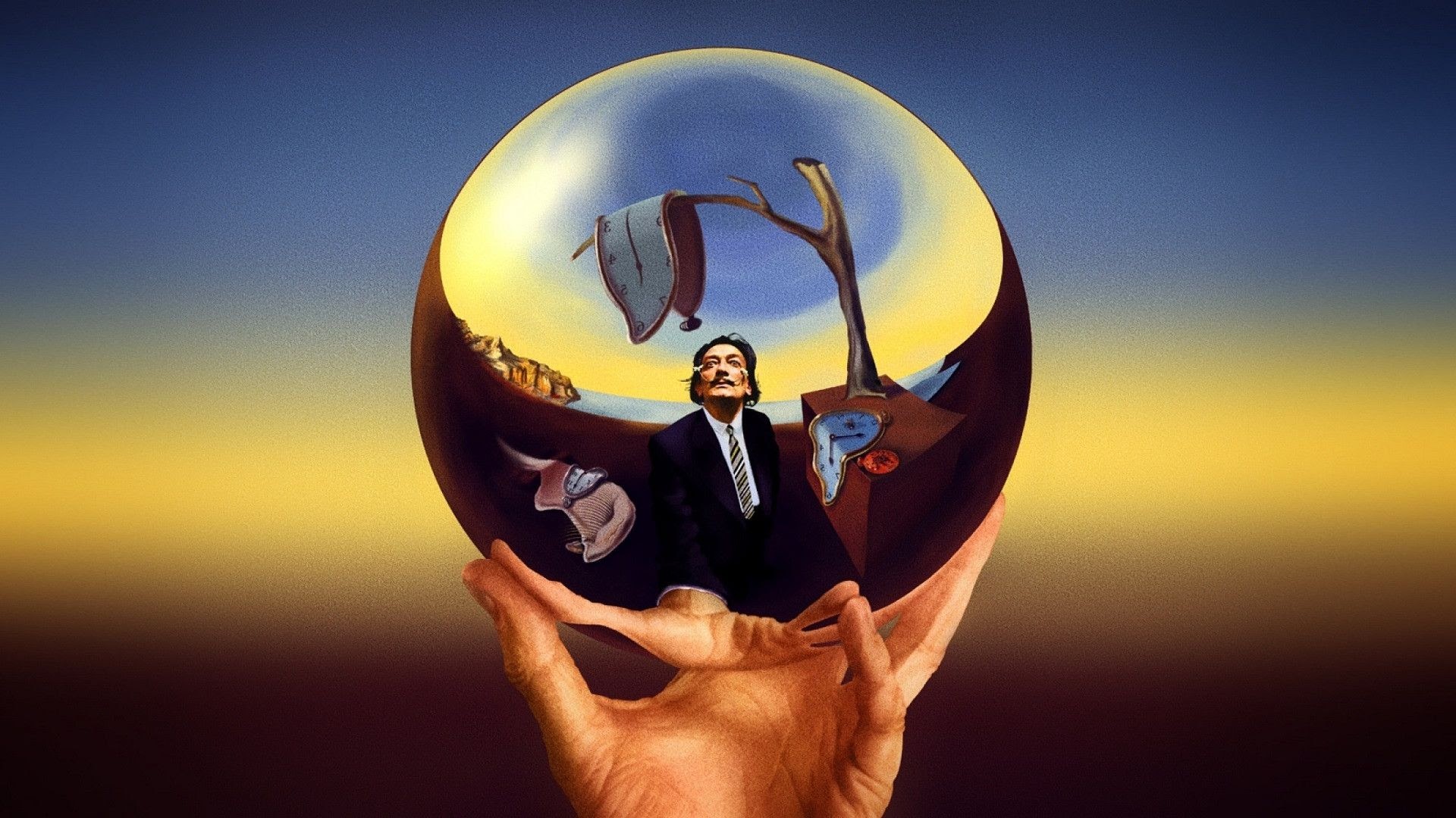 Salvador Dalí inside a crystal ball with melting clocks