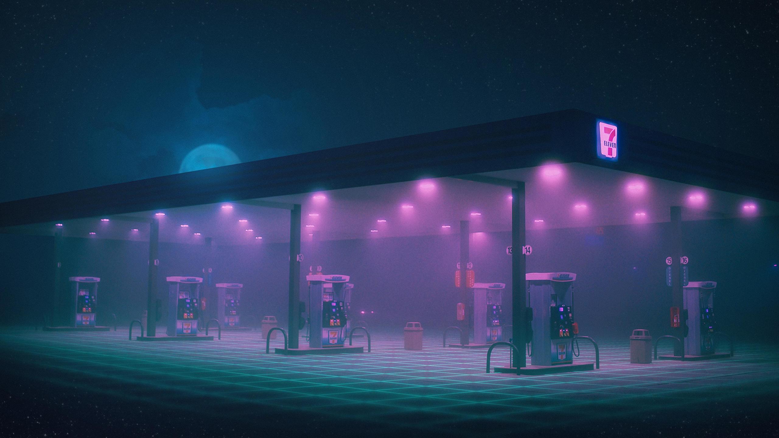 Synthwave neon gas station at night