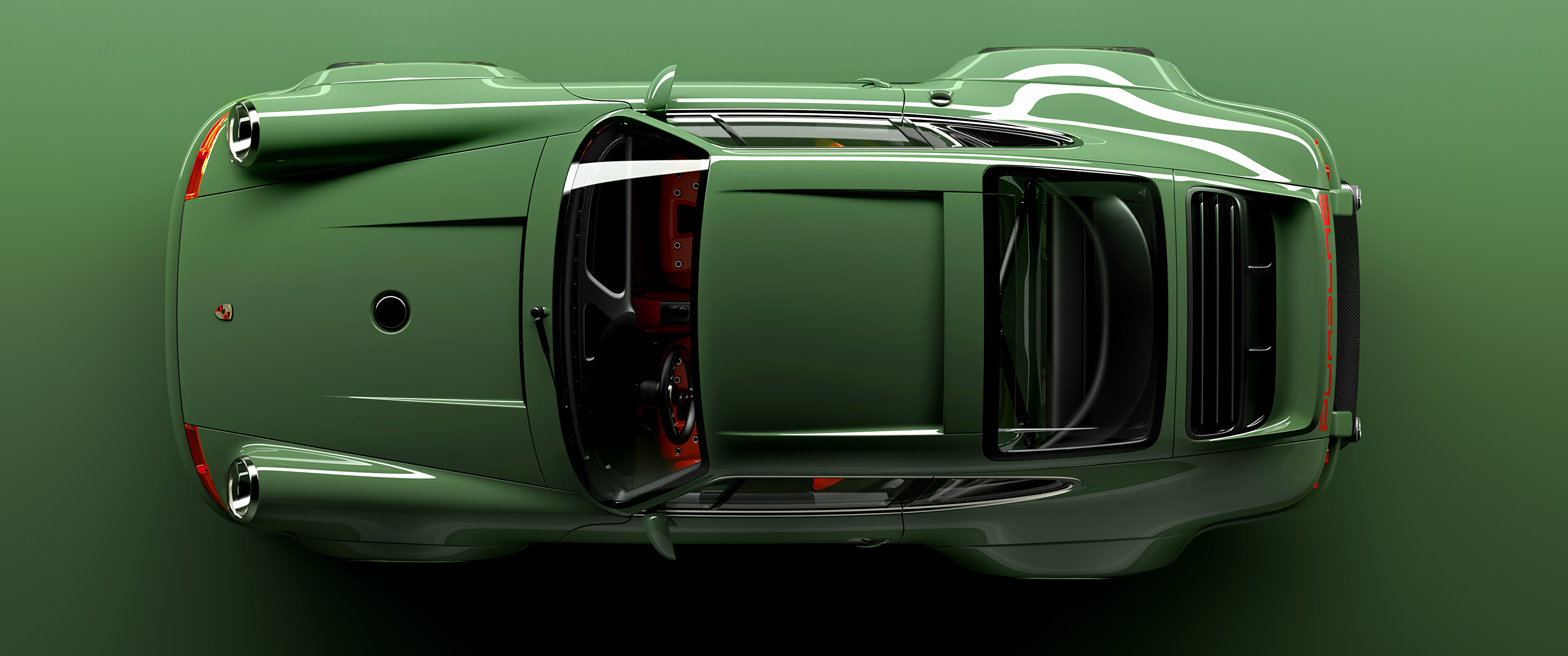 Top-down view of a green Singer Porsche 911
