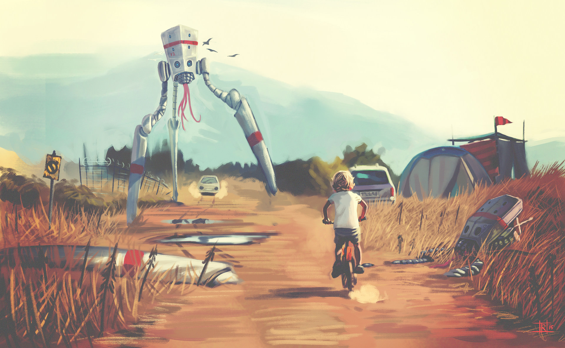 Child on a bike approaching a giant robot on a dusty road