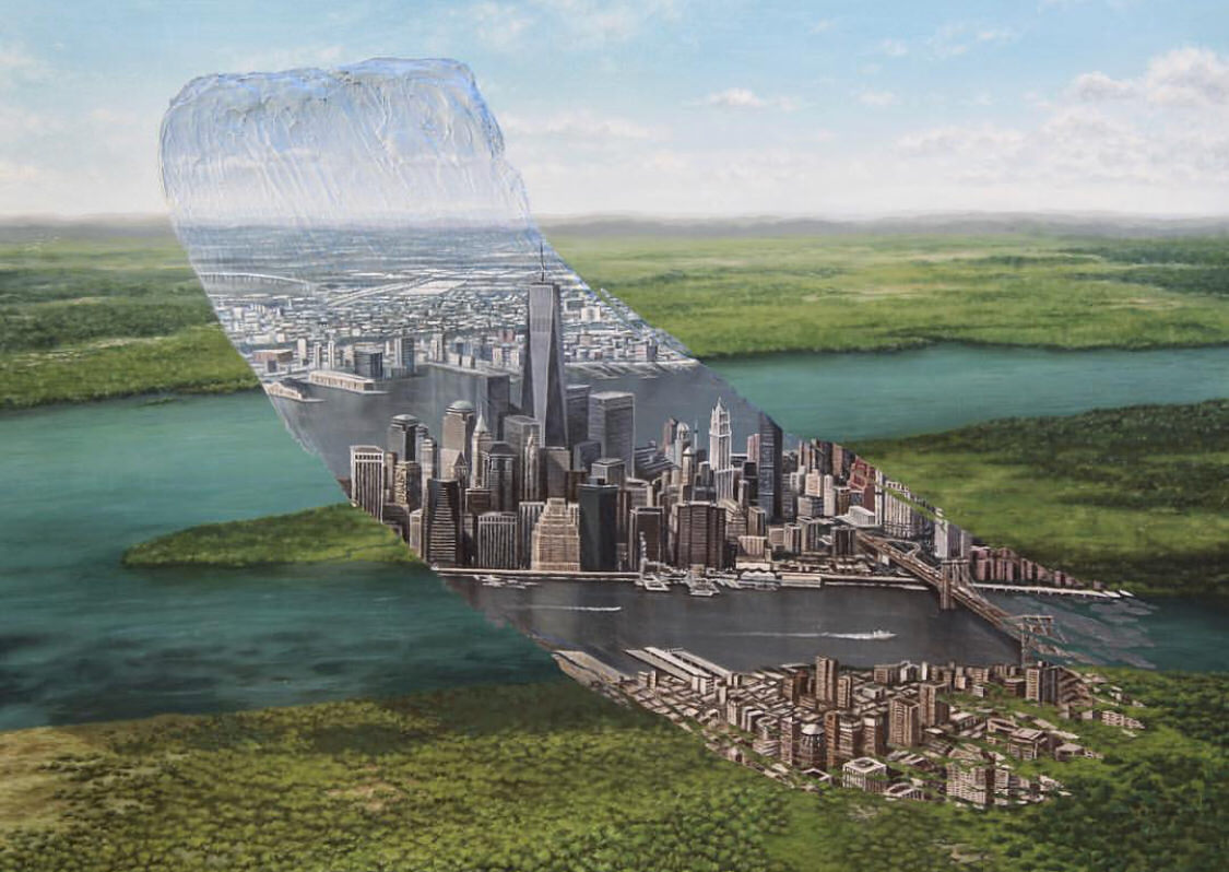 Manhattan cityscape in the shape of a brushstroke