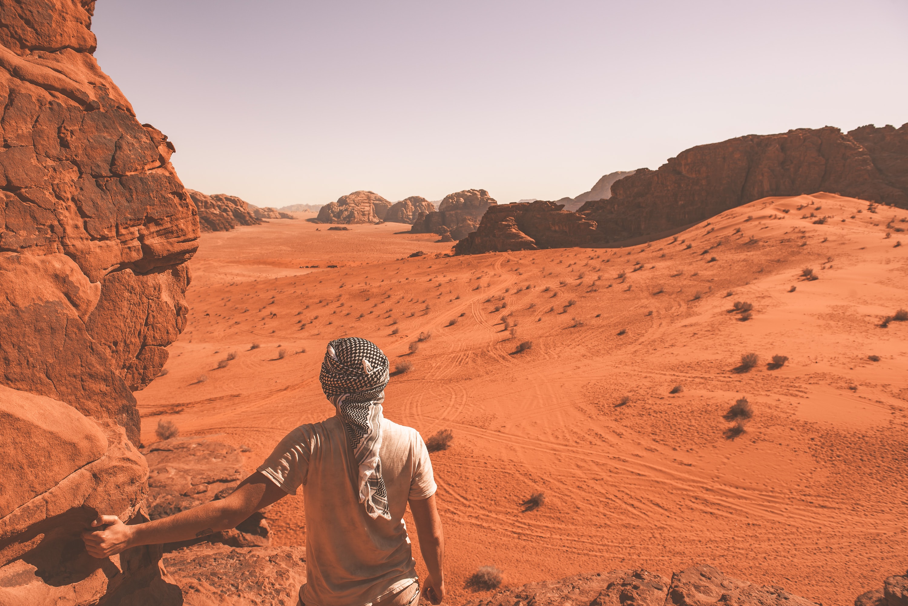 Person overlooking the Wadi Rum desert from a cliff